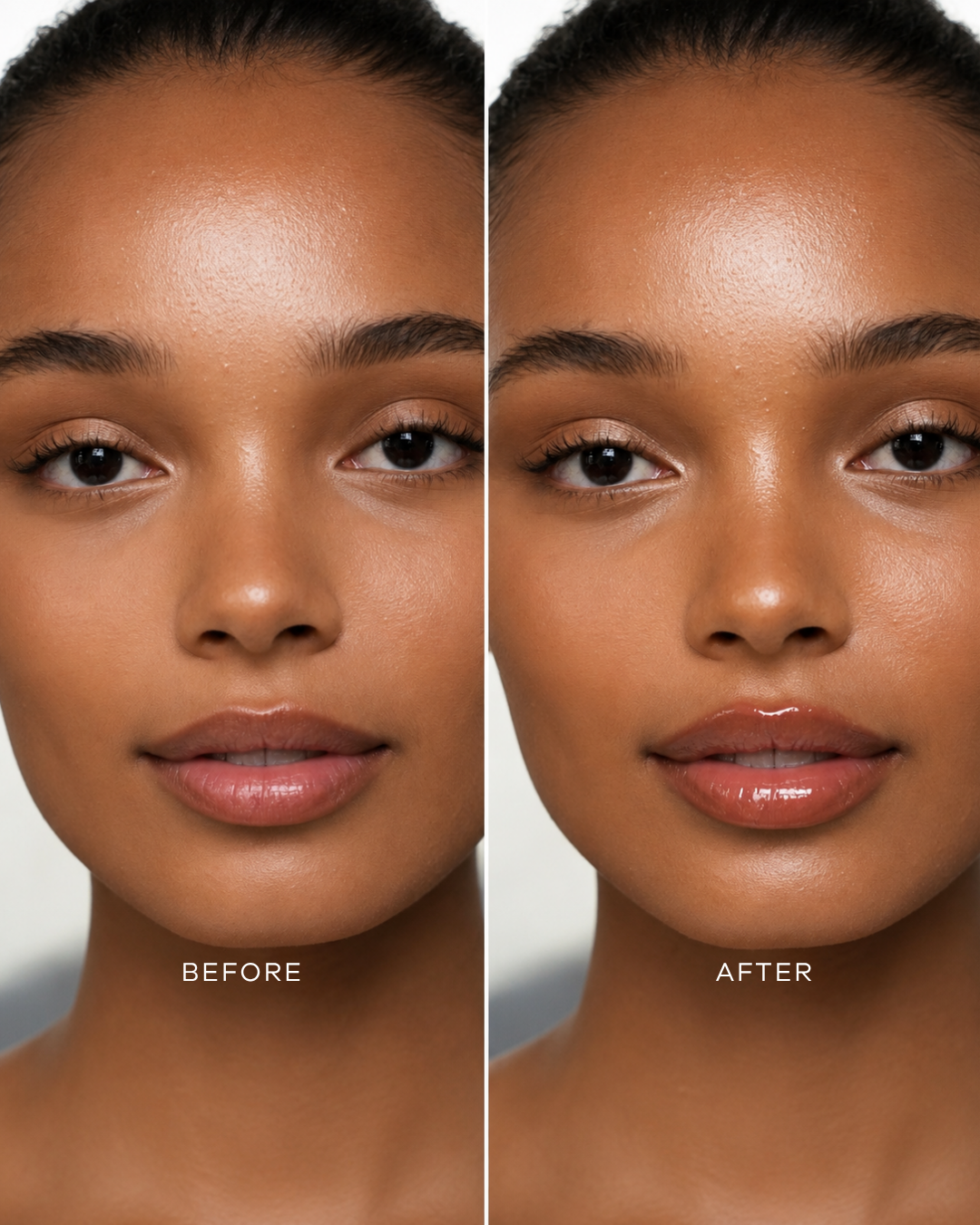 Before and after comparison of a woman's face with makeup application.
