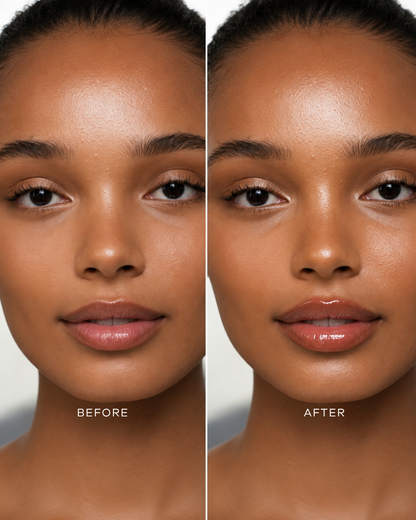 Before and after comparison of a woman's face with makeup application.