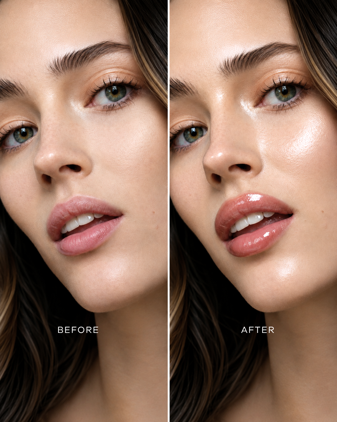 Before and after comparison of a woman's face with makeup application.