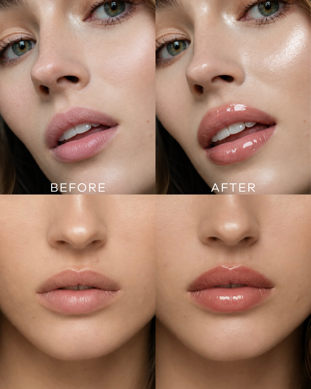Before and after comparison of a woman's lips with cosmetic product application.