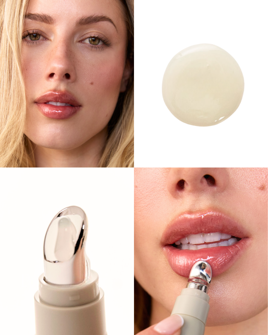 Cosmetic product with close-up of application on lips and color swatch.