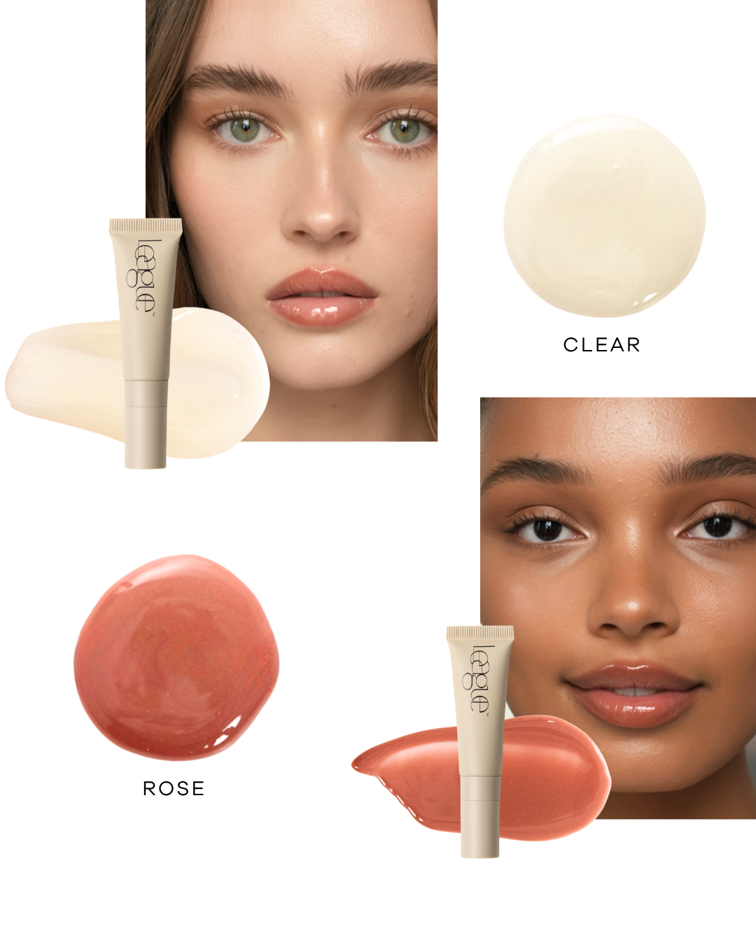 Cosmetic product with clear and rose color swatches and two models' faces.