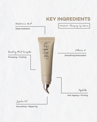 Plumping lip serum with key ingredients listed on a white background