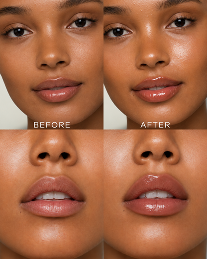Before and after comparison of a woman's lips with a rose lip product.