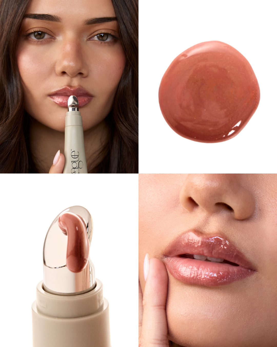 Lip serum with a woman applying it, close-up of the lip balm, and a close-up of lips with the product.